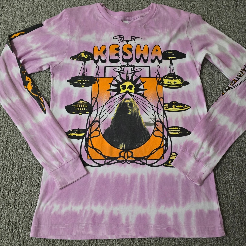 Kesha Long Sleeve Tie Dye Graphic Band‎ T Shirt UFO Alien Purple Women's S